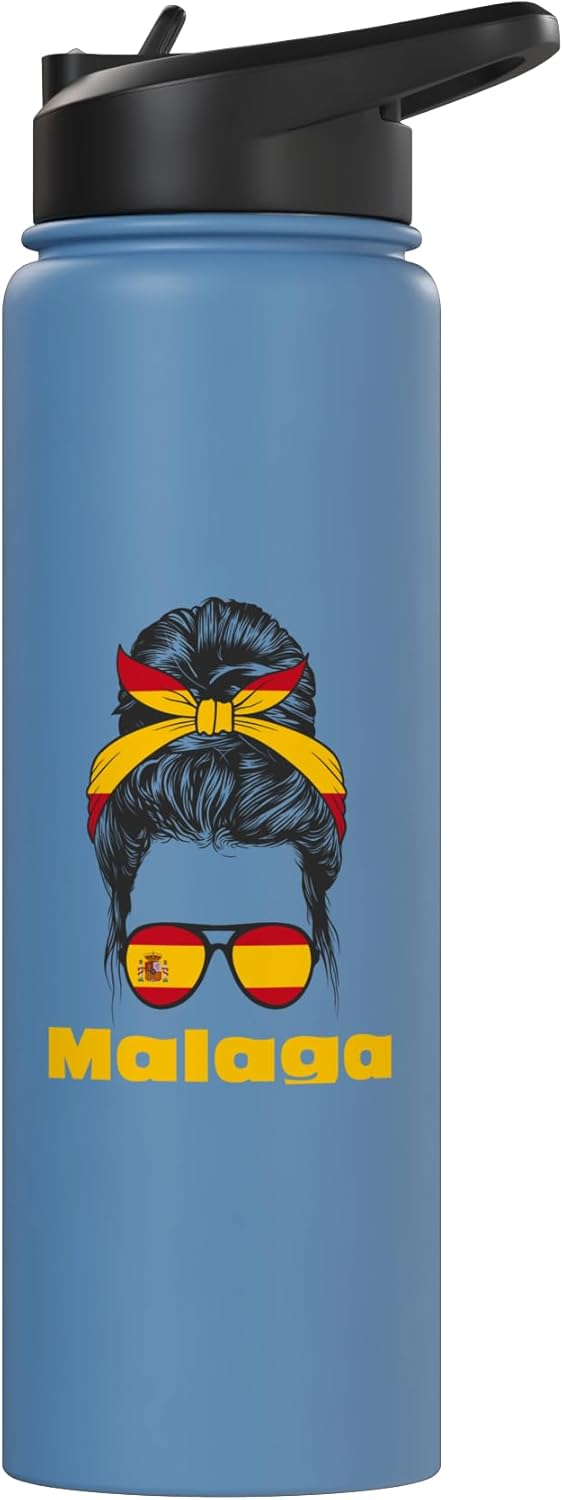 Botella de agua aislada con bandera de España en acero inoxidable