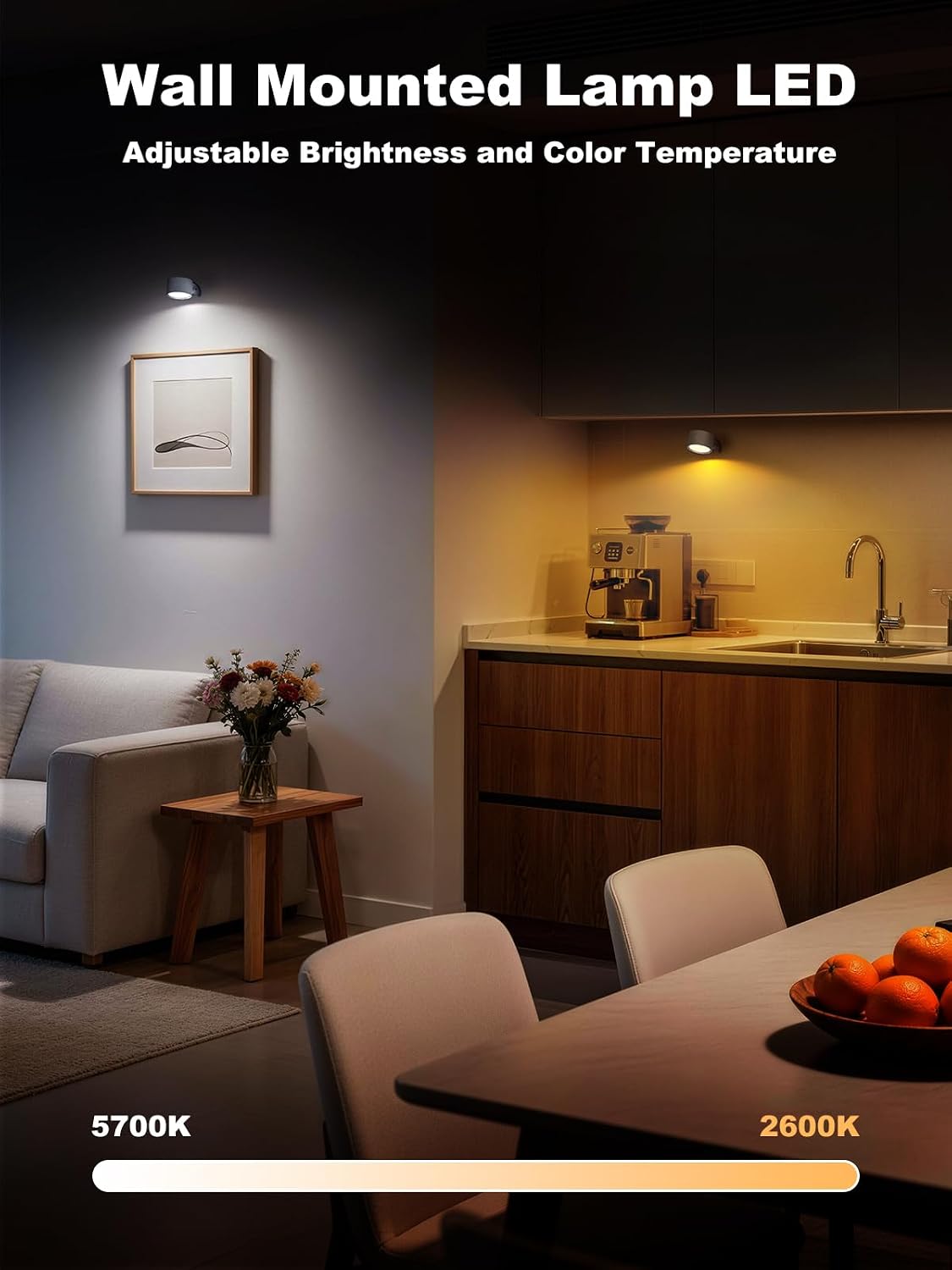 Lámpara pared LED recargable 3 colores 4 brillos rotación 360°