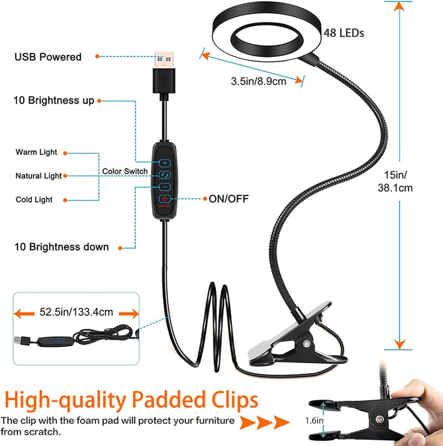 Lámpara estudio LED con clip 3 modos 10 brillos