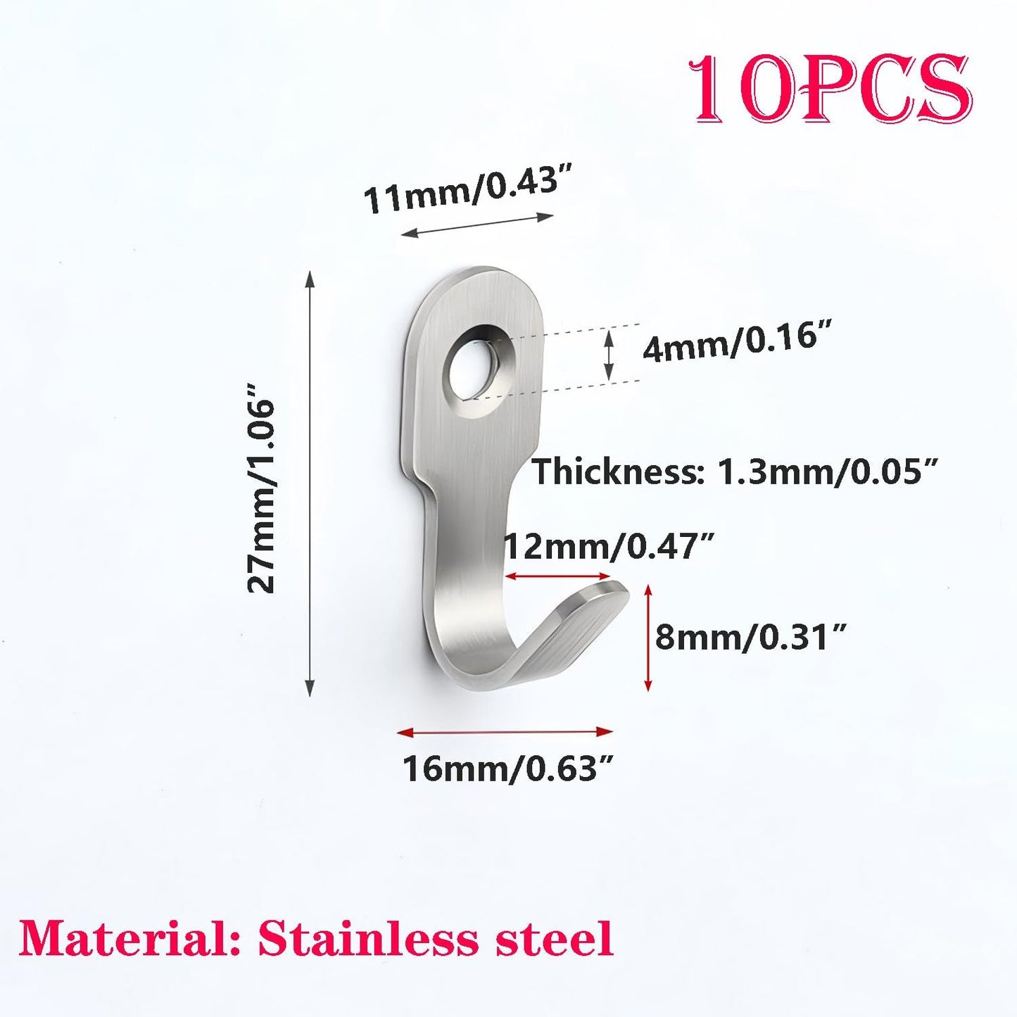 10 Ganchos Acero Inox Forma J para Pared
