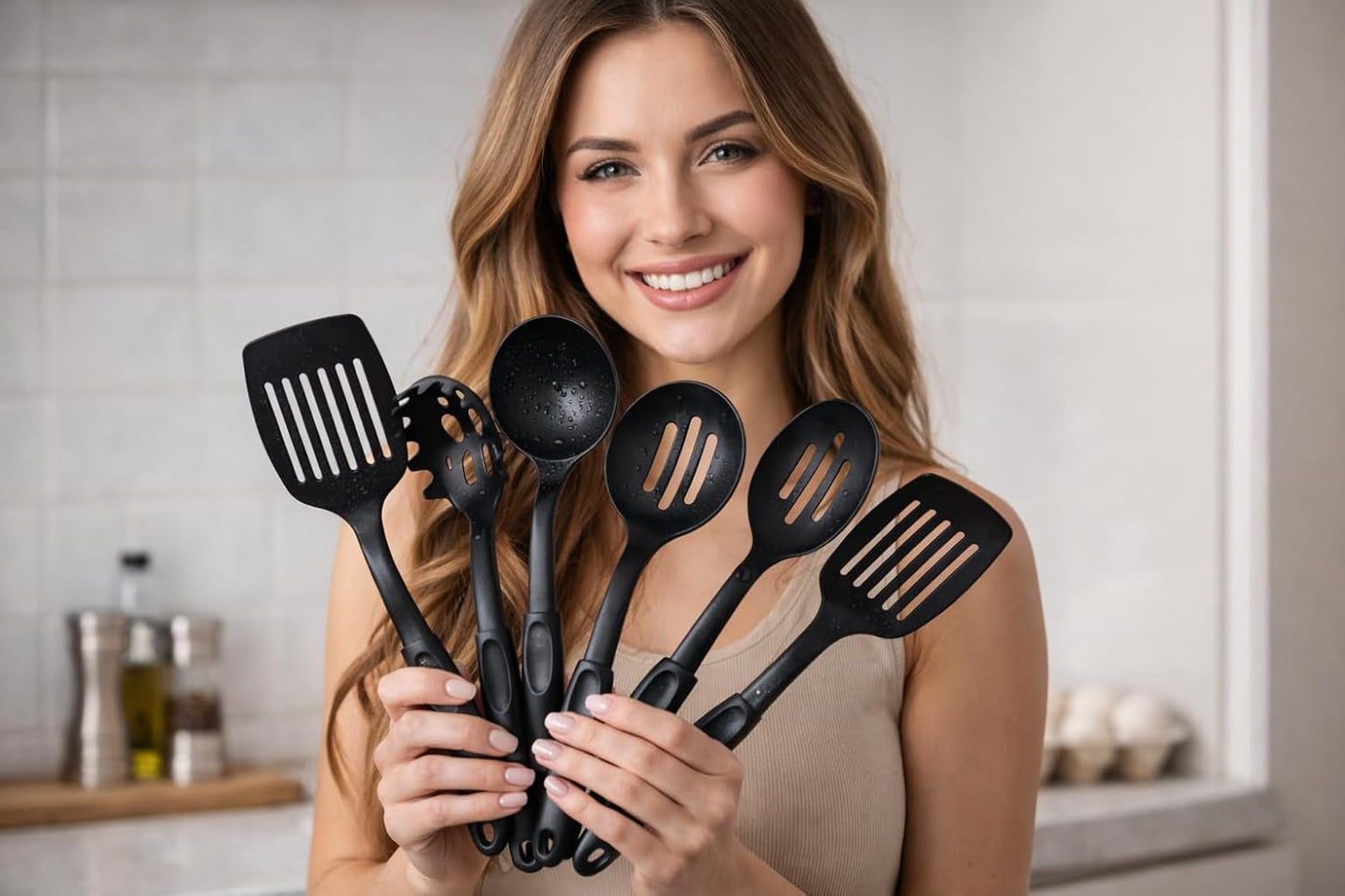 Juego de utensilios de cocina de silicona negros antiadherentes sin BPA