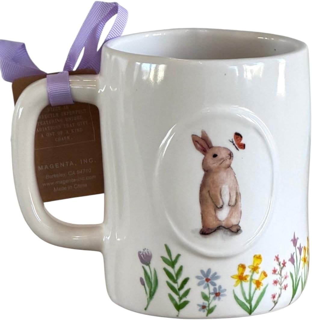 Taza de té de cerámica primavera con detalle de conejito