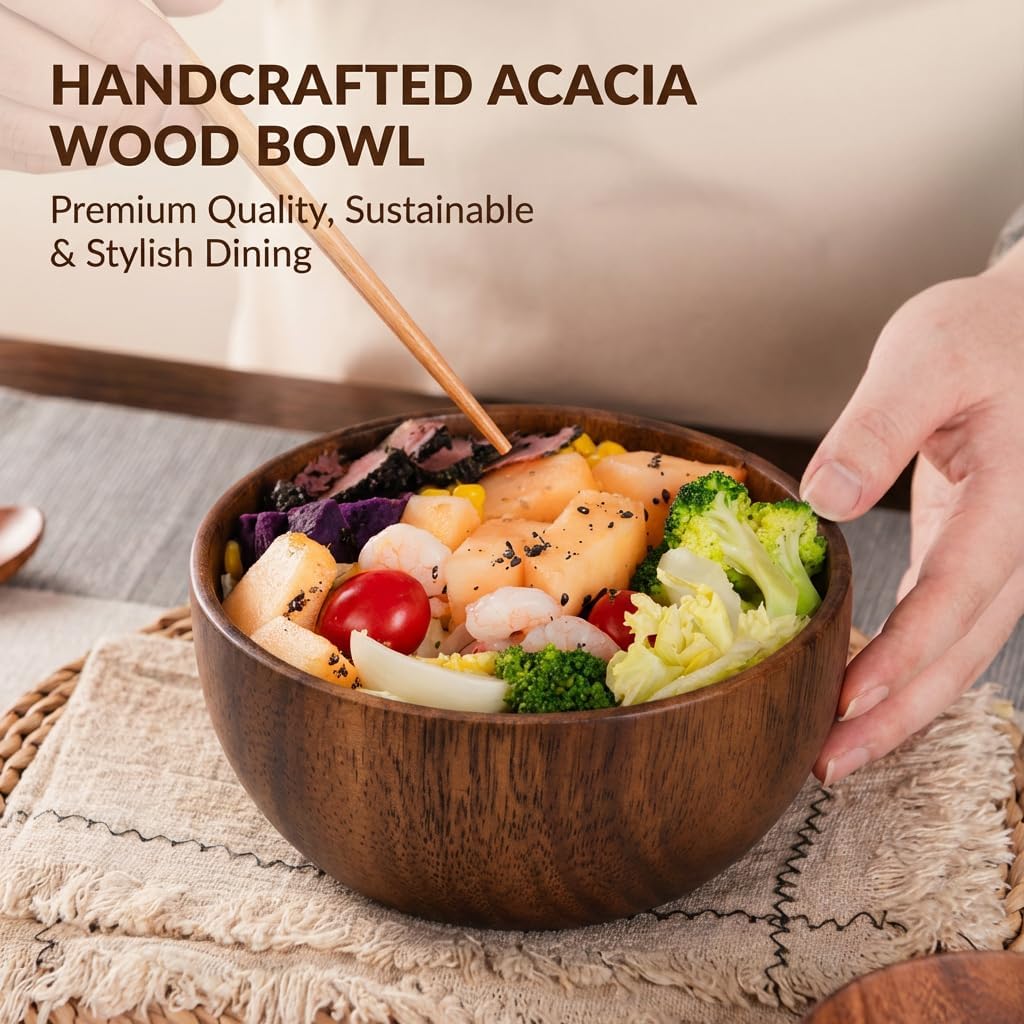 Cuenco de madera de acacia tallado a mano para salsa y especias