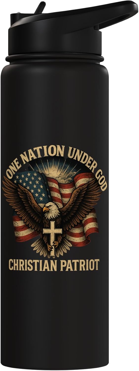 Botella de agua aislada con bandera estadounidense y águila de acero inoxidable