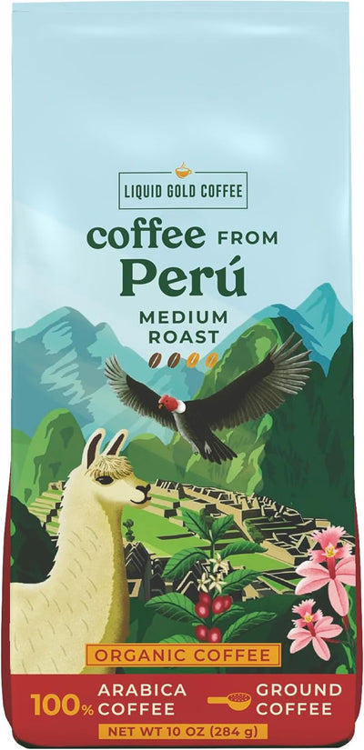Café orgánico Liquid Gold de Perú molido tostado medio bolsa 10 oz