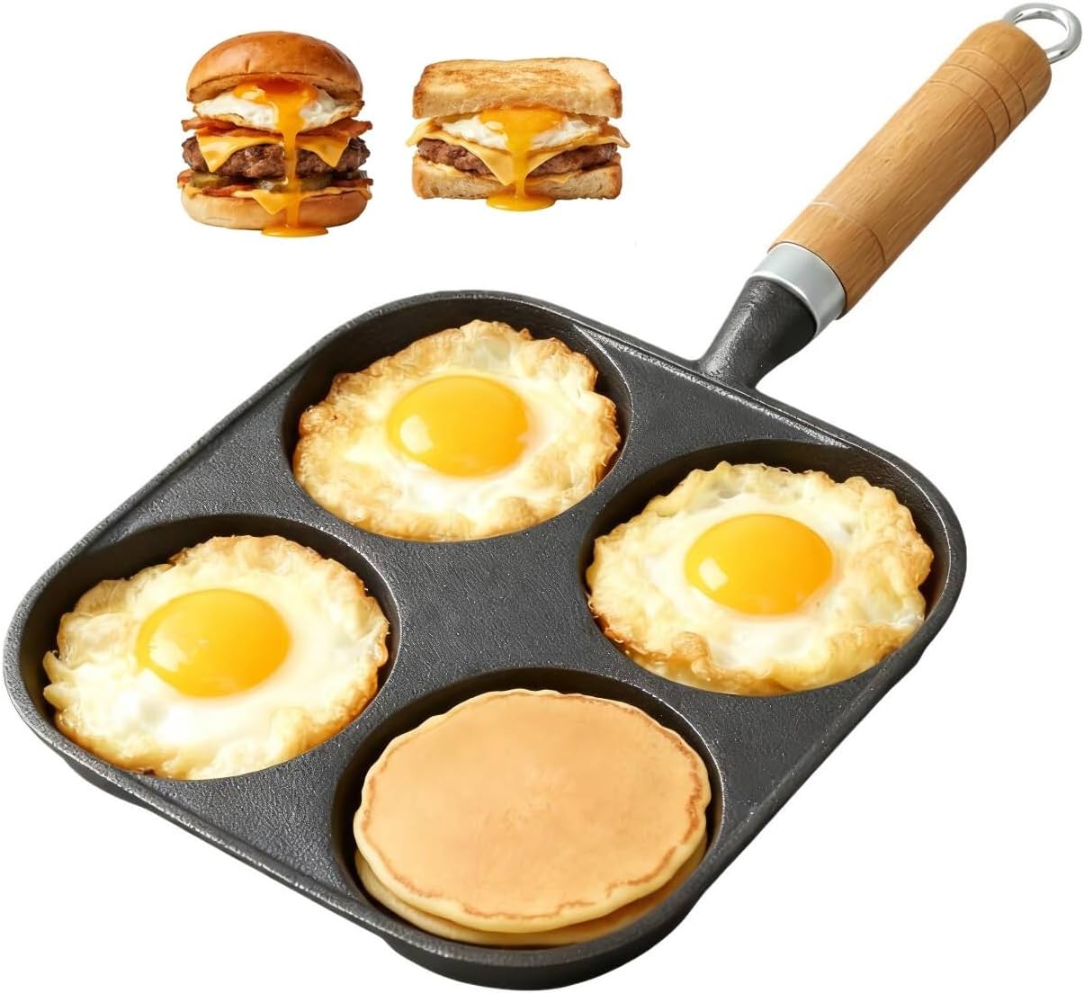 Sartén de hierro fundido con 4 agujeros para huevos y panqueques