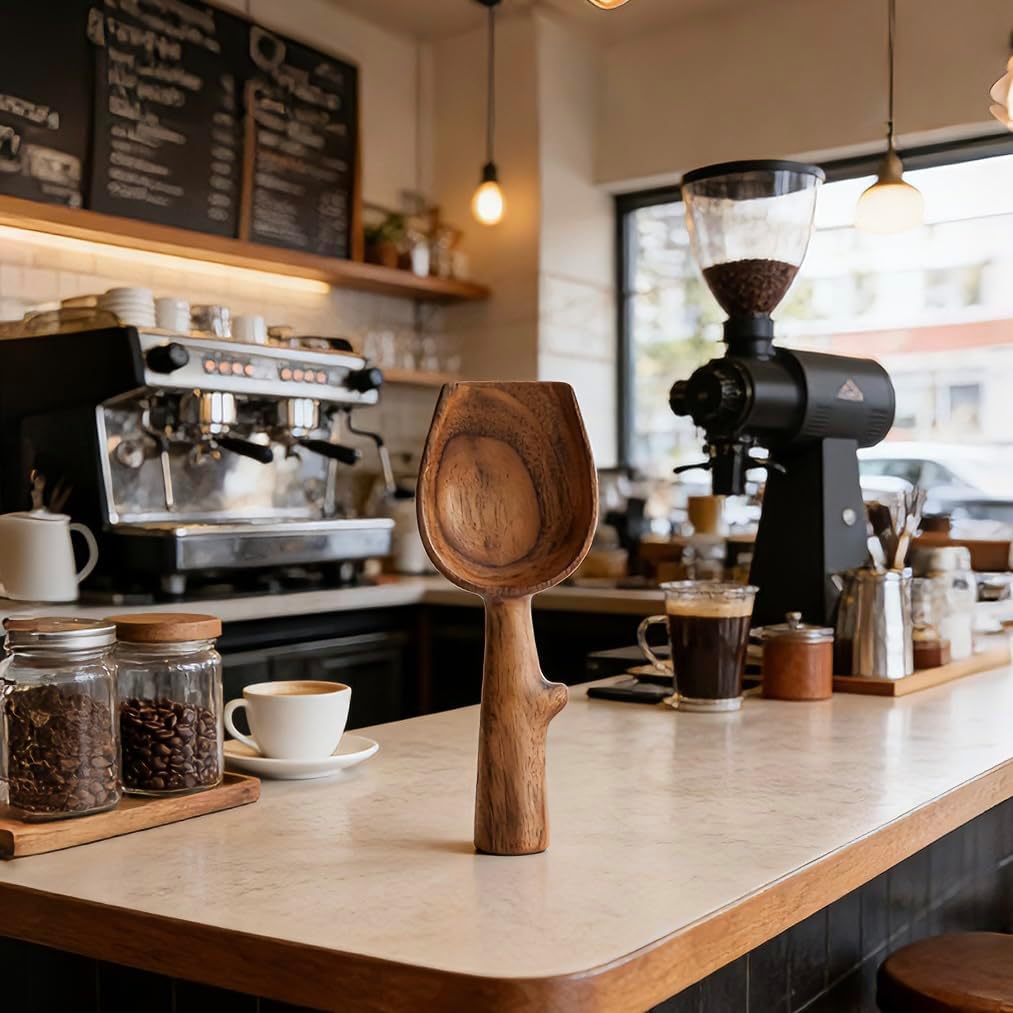 Cuchara medidora de grano de café de nogal natural para té, azúcar y polvo
