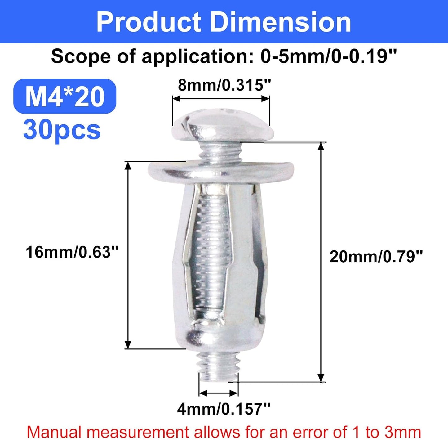 30 Anclajes Pared Huecos M4 x 4/5pulg Resistentes
