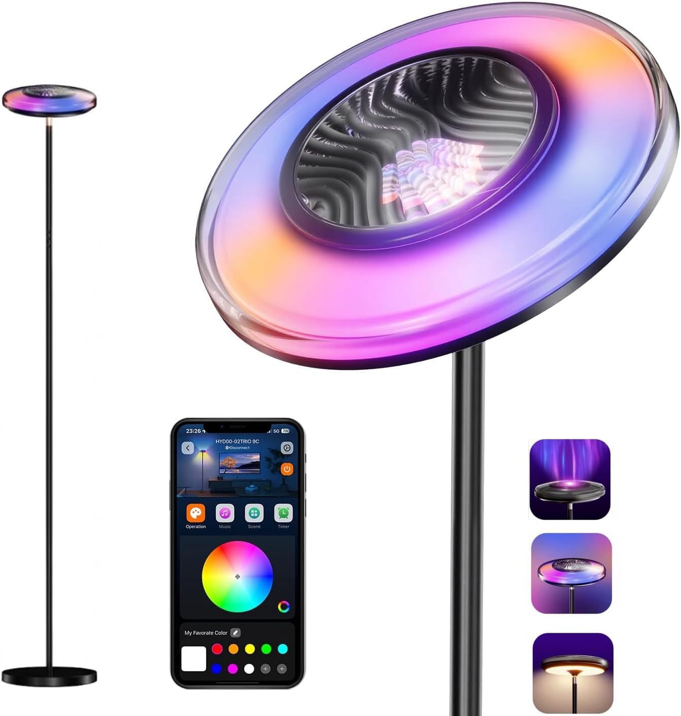 Lámpara pie RGBWW 66.8pulg con luz lateral y lectura