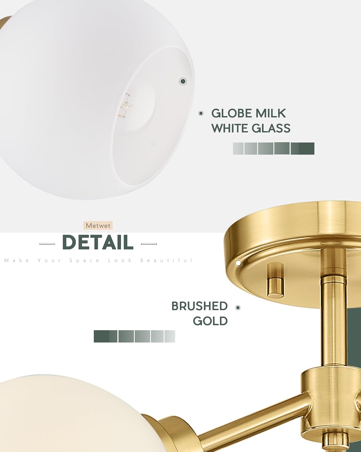 Lámpara techo 3 luces vidrio blanco leche globo dorado