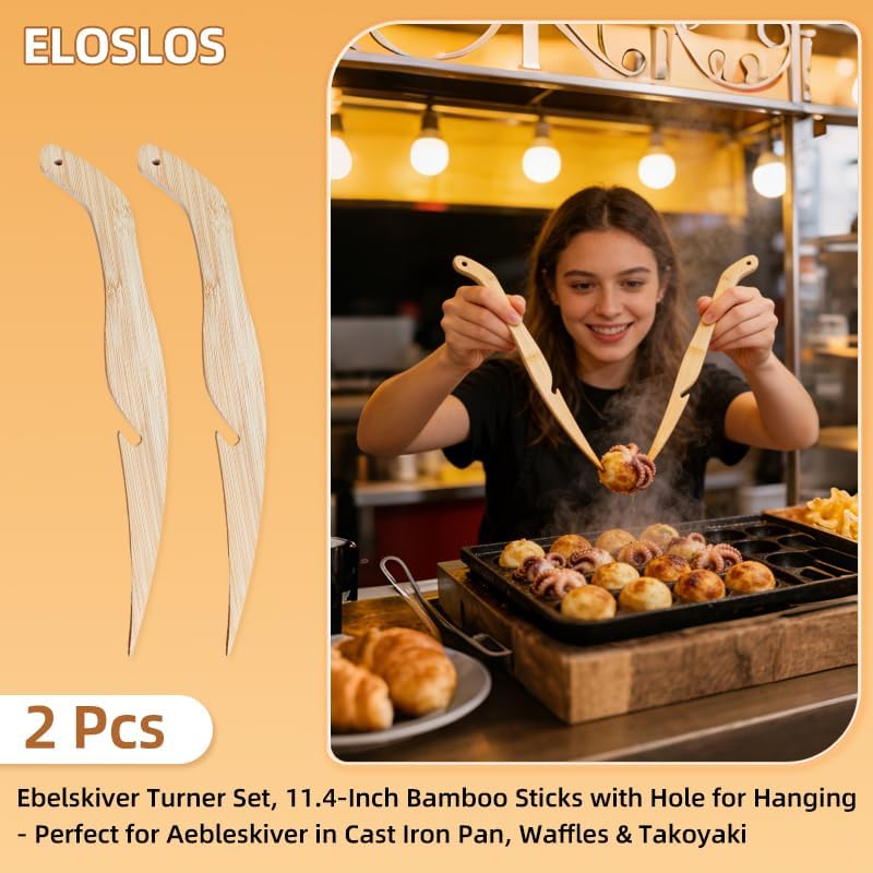 Juego de 2 espátulas de bambú para Aebleskiver waffles y Takoyaki