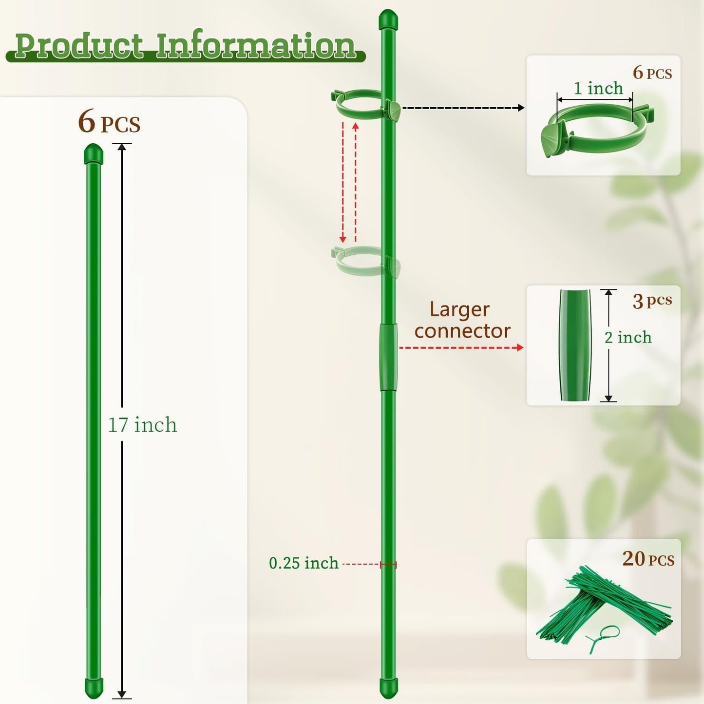 6 Estacas Soporte Plantas 17pulg 3-5pies con Clips