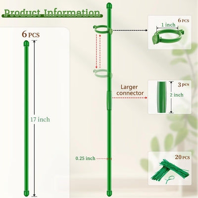6 Estacas Soporte Plantas 17pulg 3-5pies con Clips