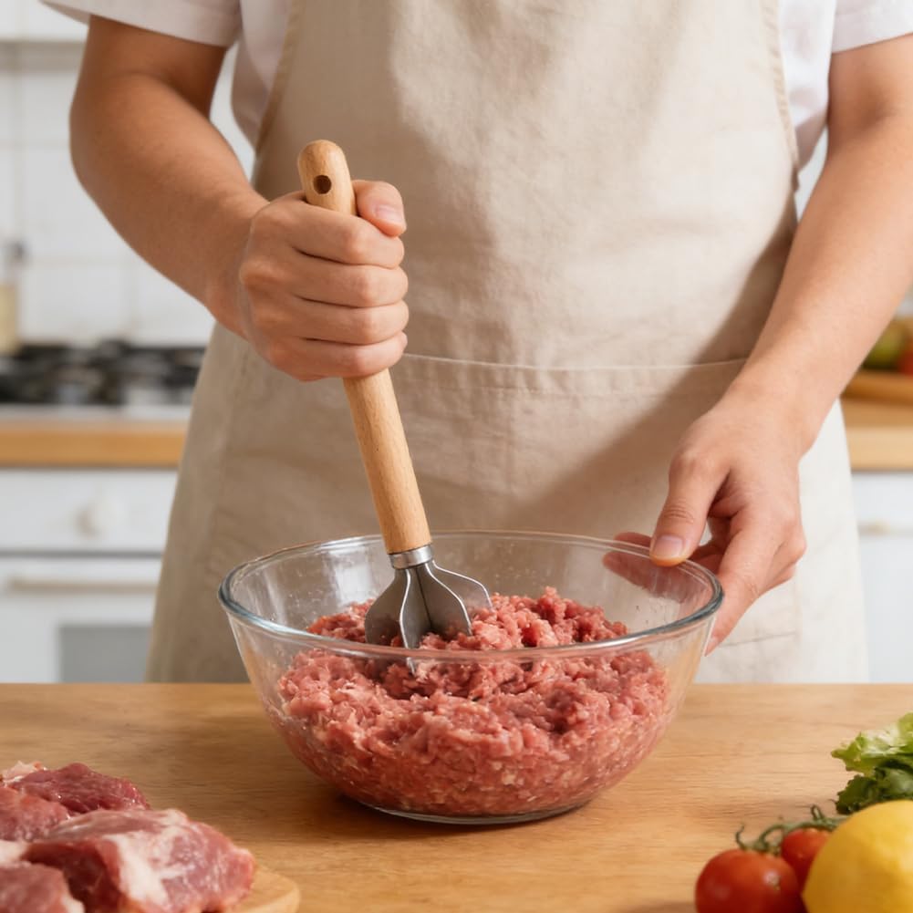 Picador de carne de acero inoxidable con mango de madera resistente