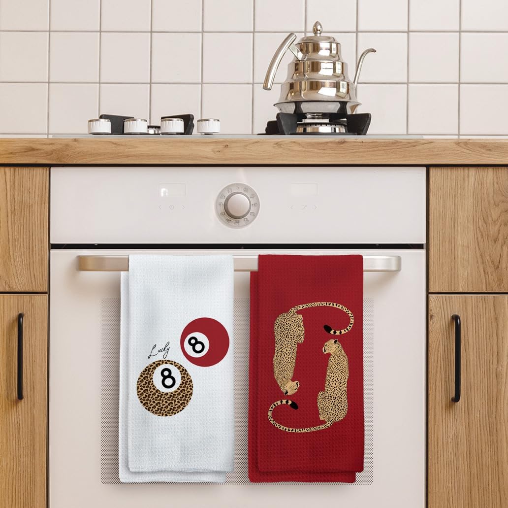 Juego de 2 toallas de cocina con diseño de leopardo rojo y 8 bolas
