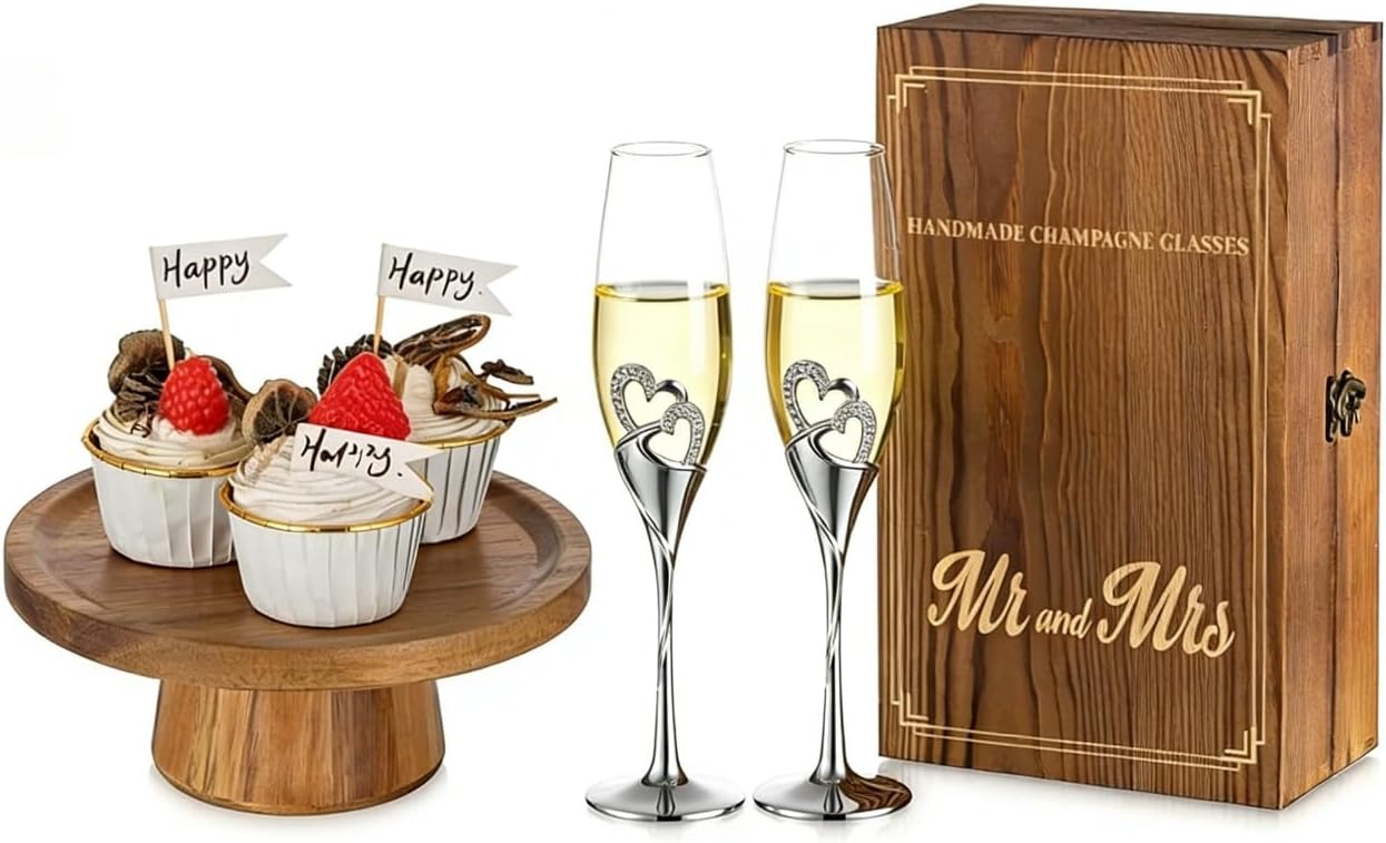Copas de champán de cristal con soporte de madera para pasteles de 8"