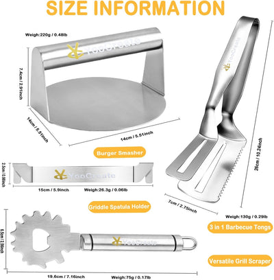 Kit 4 Utensilios Acero Inox Prensa Hamburguesas Espátula 3en1