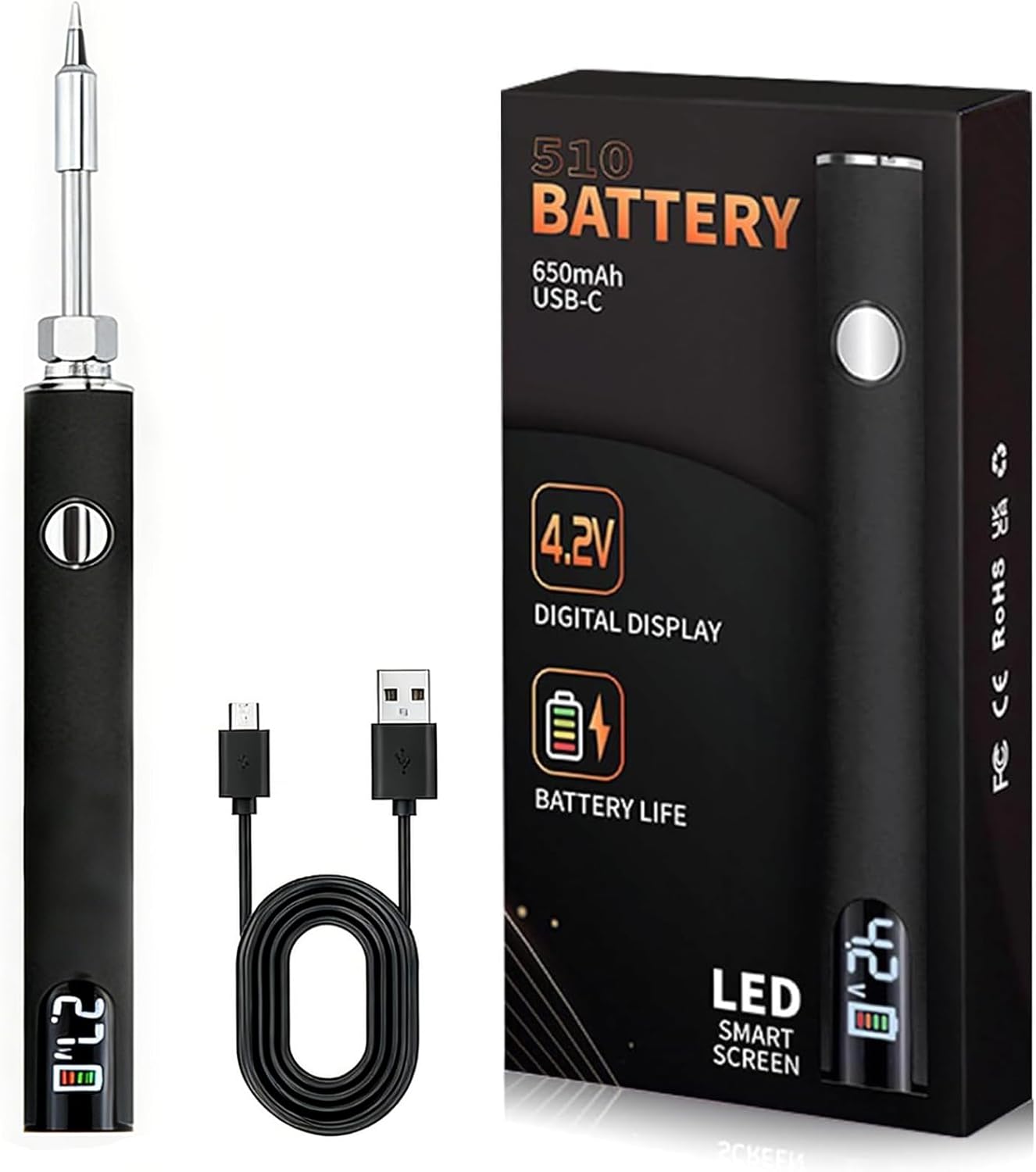 Bolígrafo batería rosca 510 recargable LED ajustable 650mAh