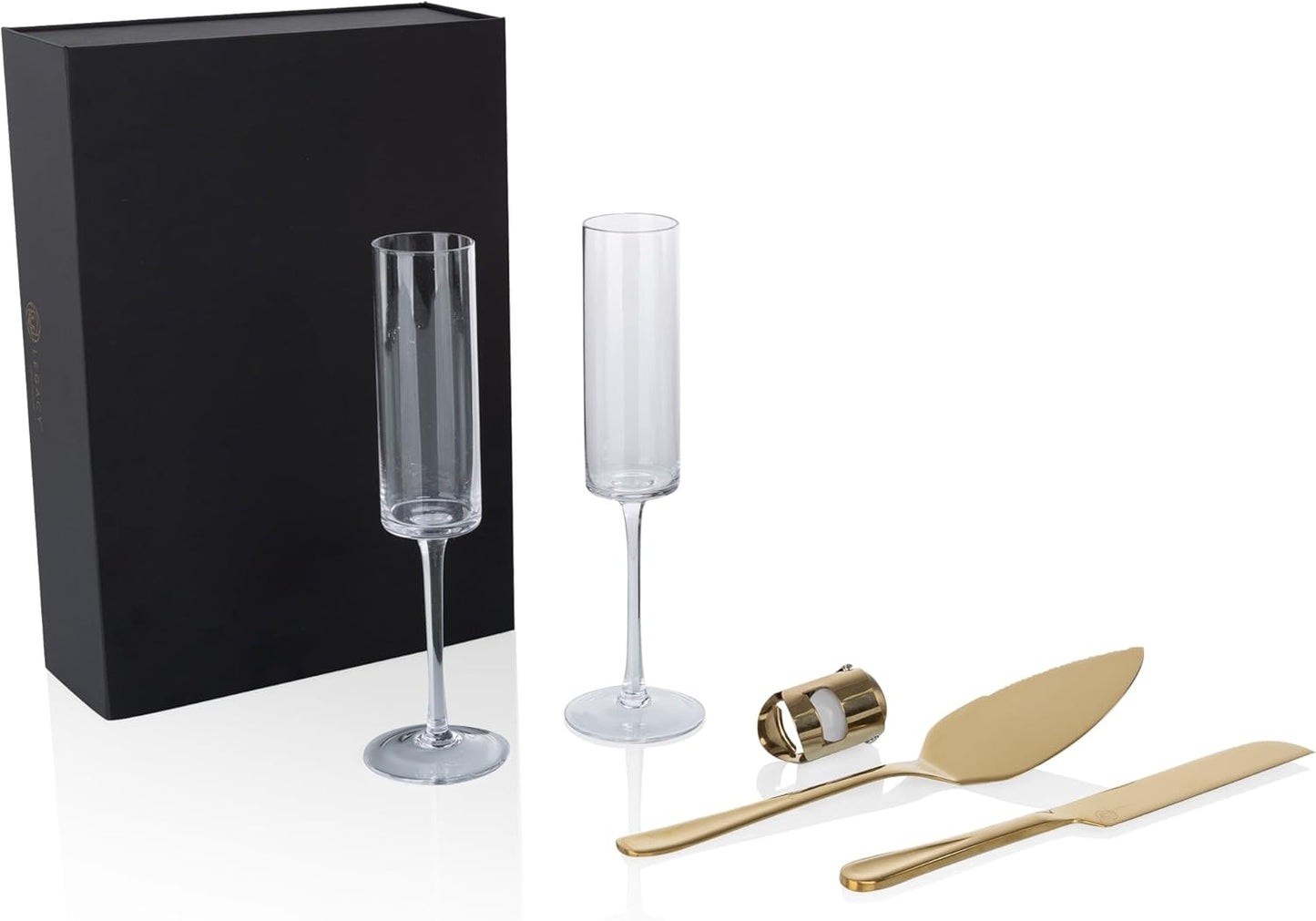 Juego de copas de champán Arbane con cuchillo para pastel y estuche de madera