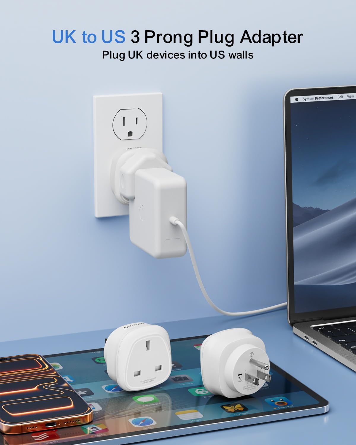 2 Adaptadores UK a EE.UU. Tipo G a B Convertidor Tierra
