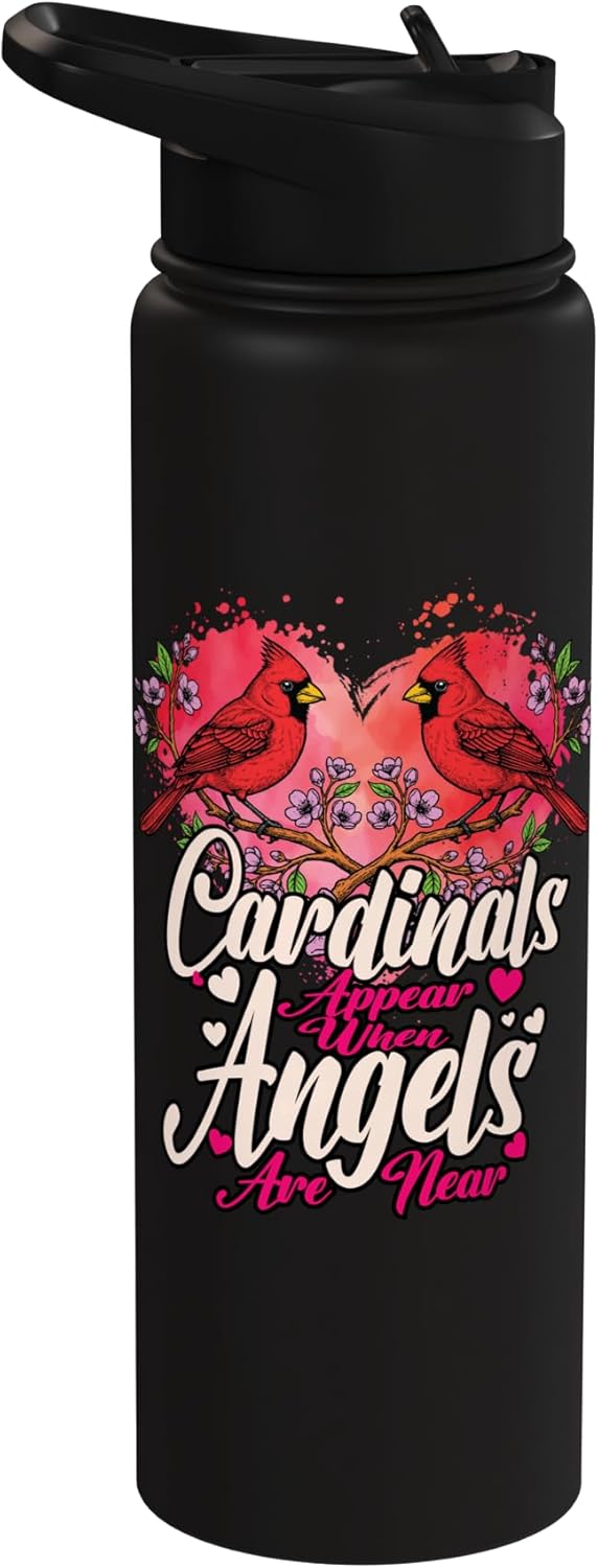 Bote de agua aislado con corazón y cardenal en acero inoxidable