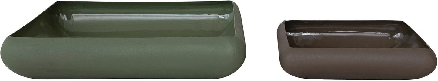 2 Pzas Cuencos Metal Esmaltado Verde Oliva y Marrón