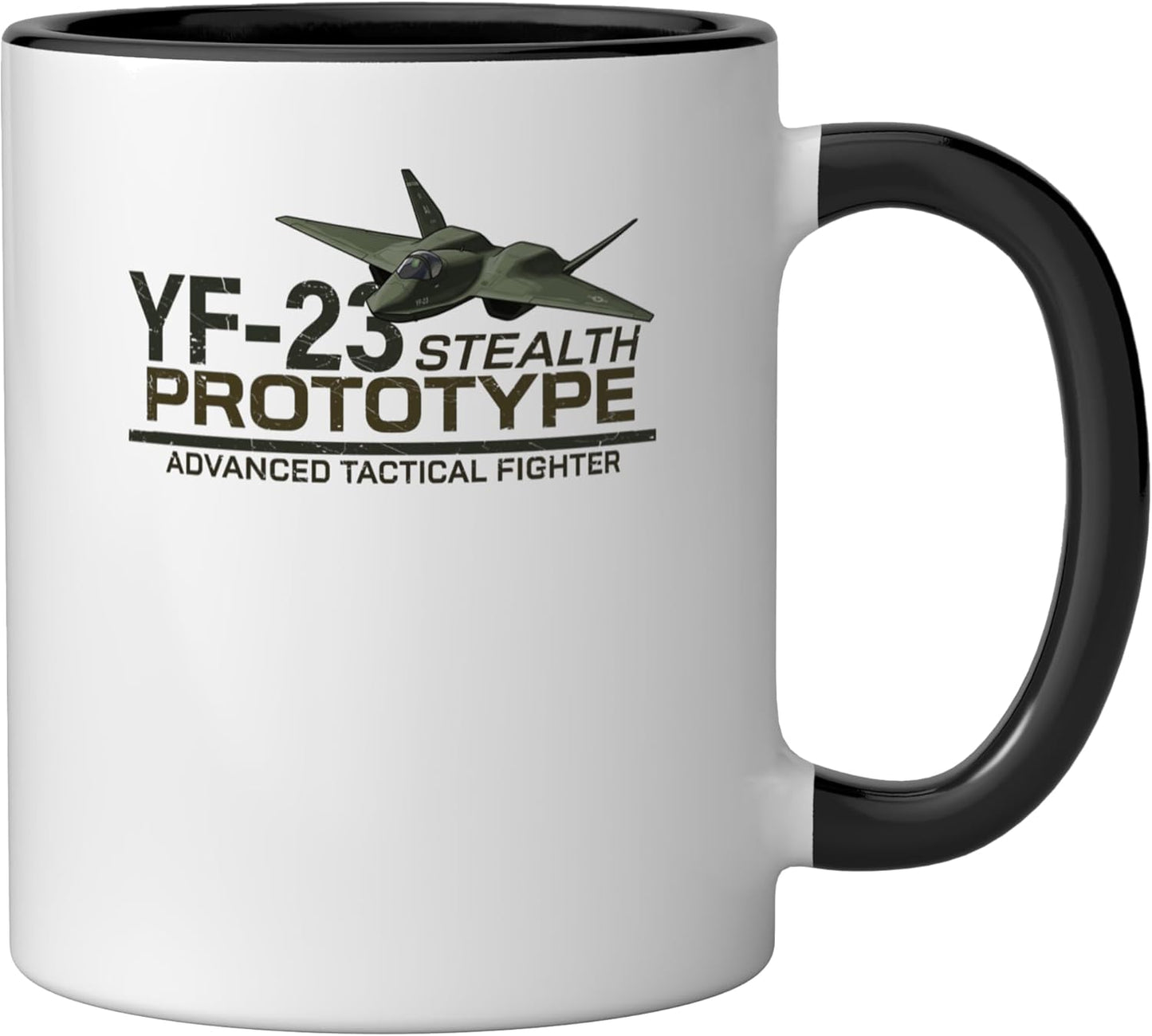 Taza cerámica infografía avión militar YF-23 stealth fighter color oliva oscuro negro blanco