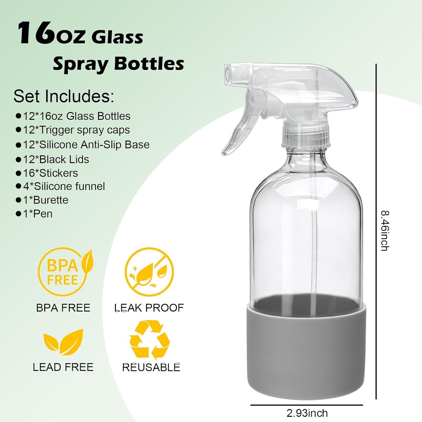 Botellas spray vidrio 16oz reutilizables para limpieza