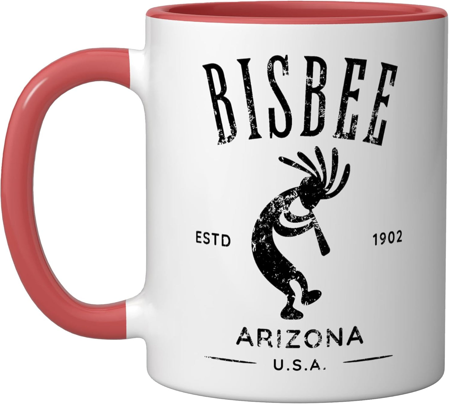 Taza cerámica Bisbee Arizona Dancing Kokopelli diseño desgastado rojo/blanco