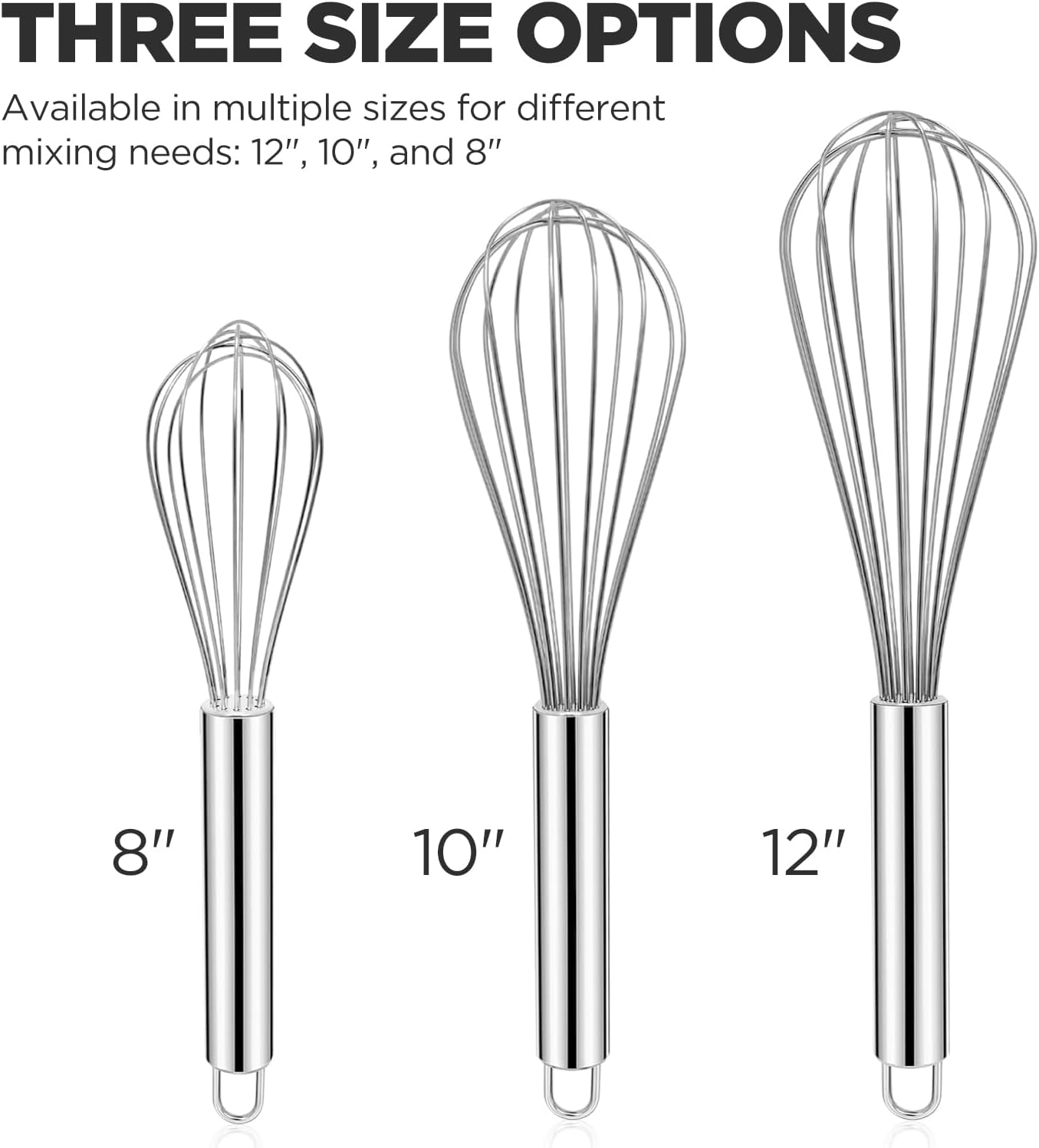 Set 3 Batidores Acero Inox 8-12pulg para Huevos Masa