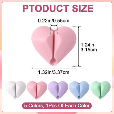 5 Clips Adhesivos Corazón para Gestión de Cables Blanco Verde Rosa