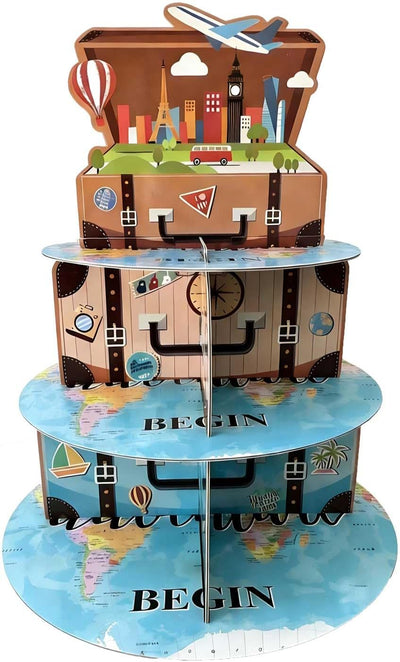 Soporte 3 niveles cupcakes temática viaje decoración fiesta