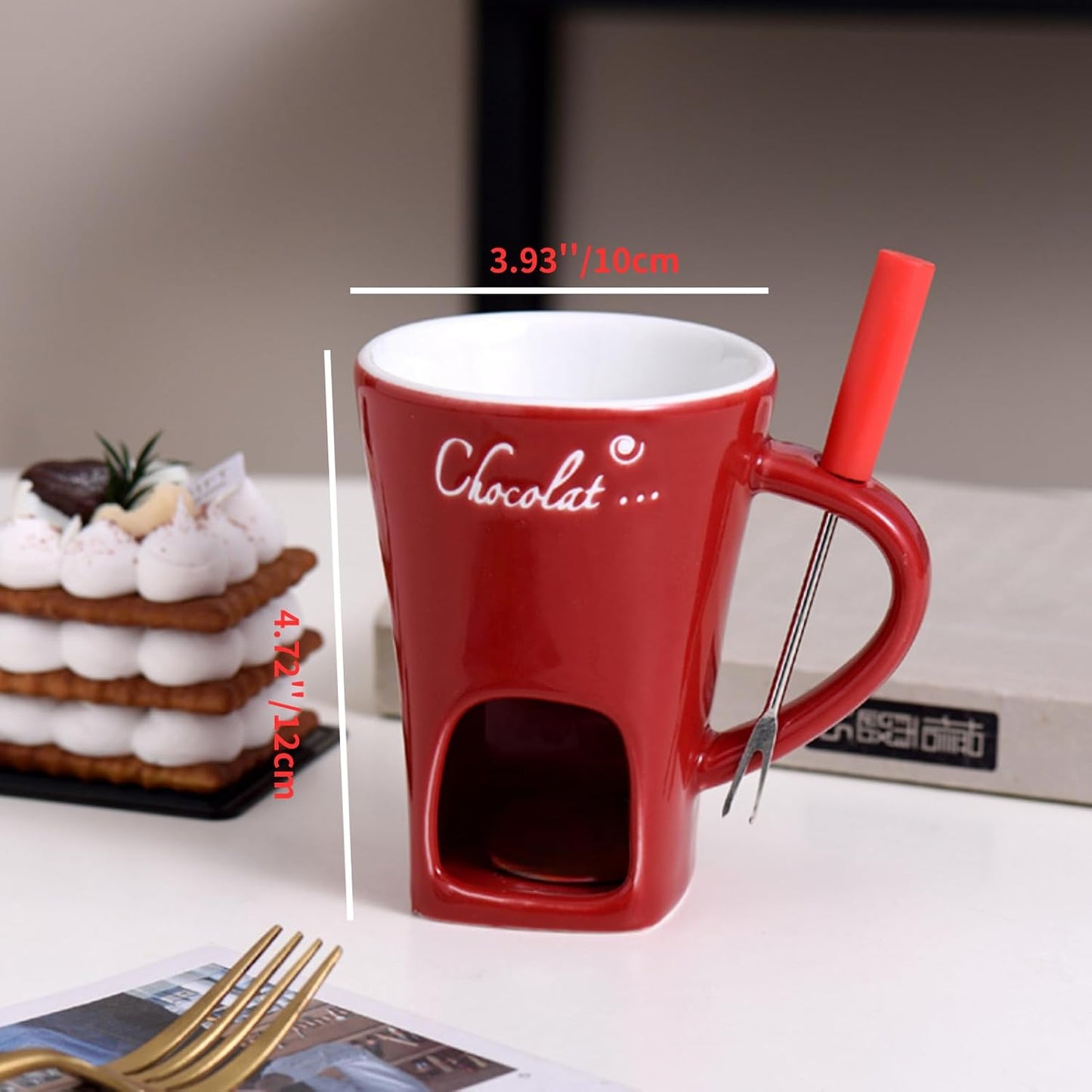 4 Pzas Tazas Cerámica Chocolate con Tabla Charcutería