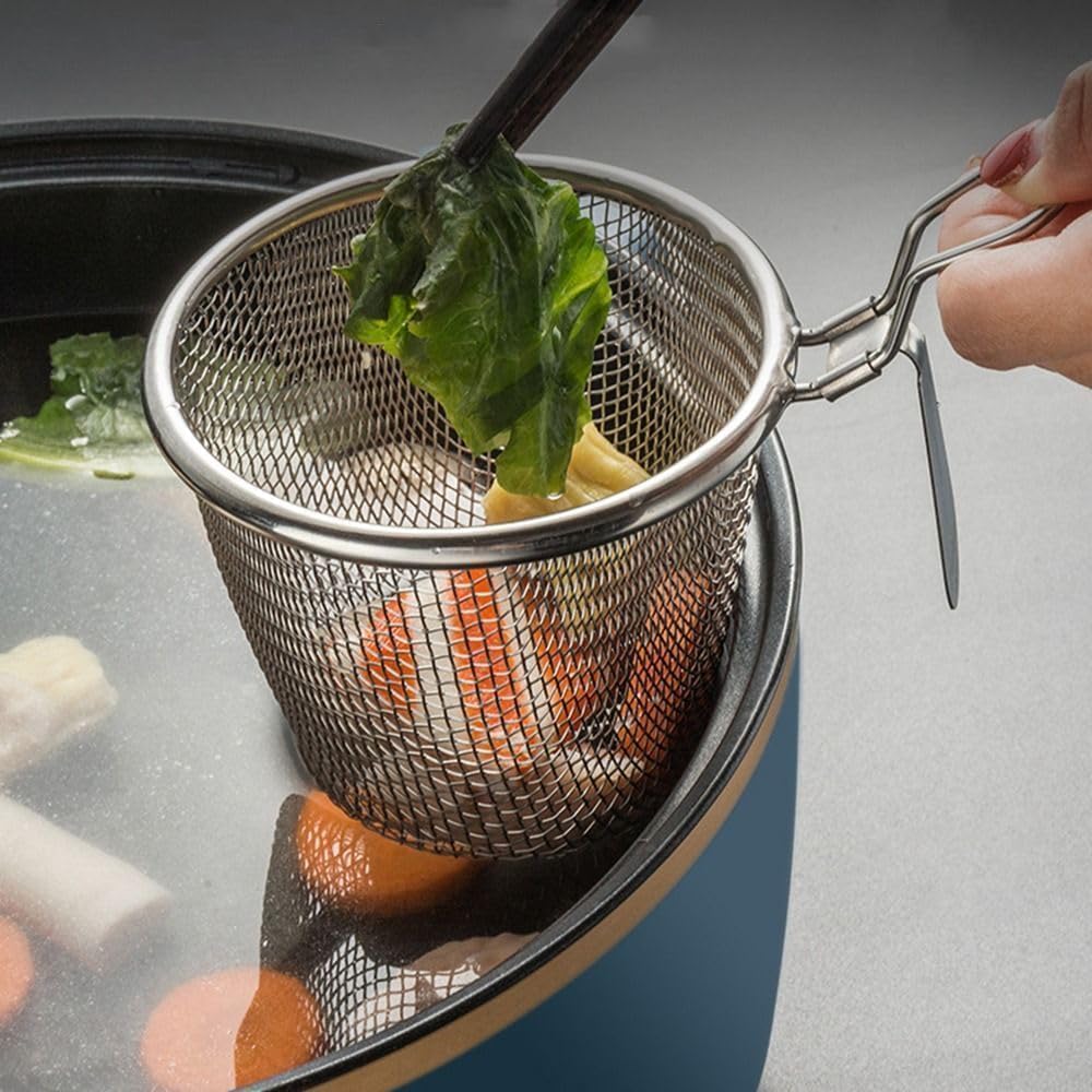 Cesta de pasta de acero inoxidable con colador de malla fina y mango