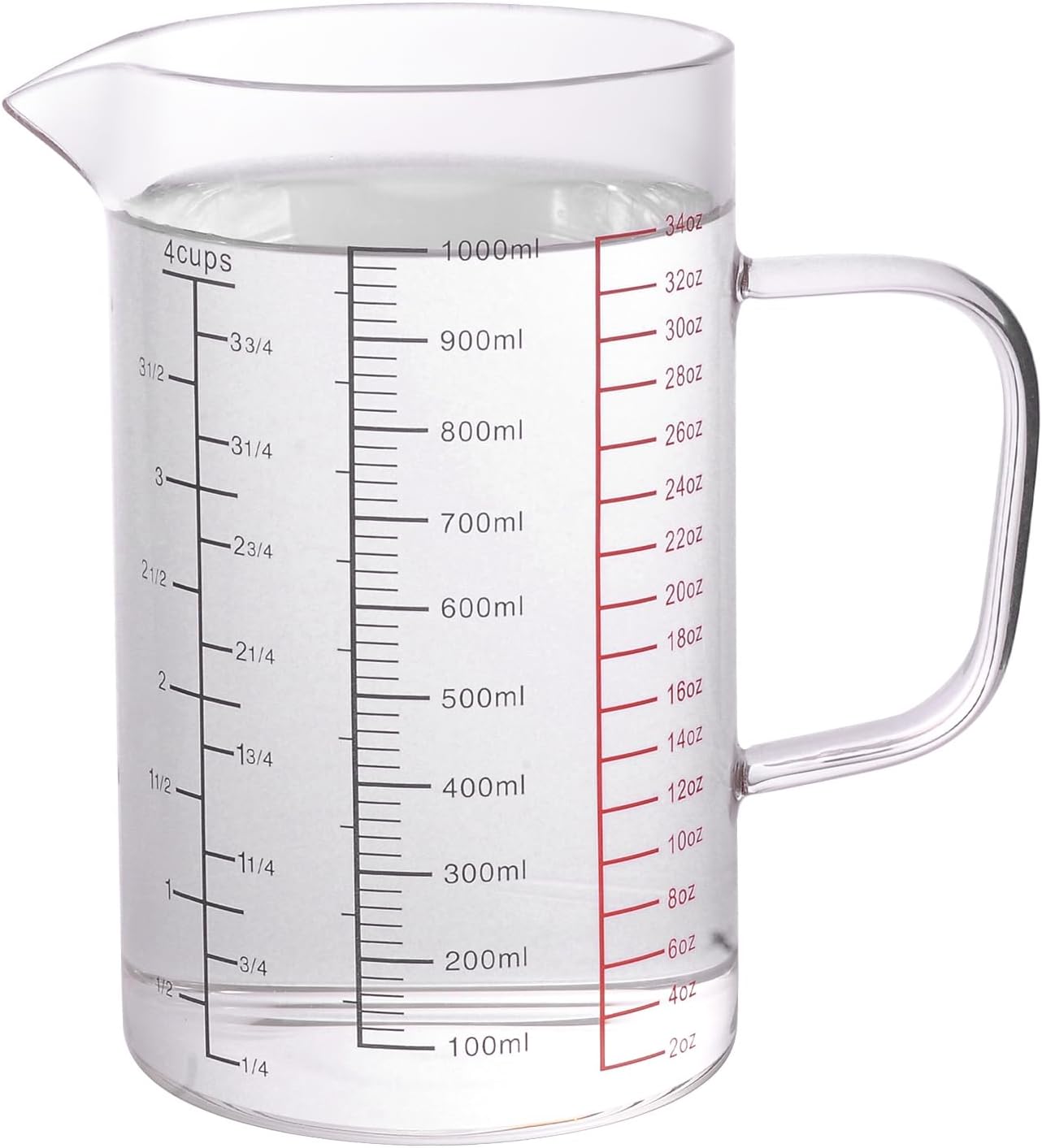 Taza medidora de vidrio transparente con mango y boquilla en V, triple escala