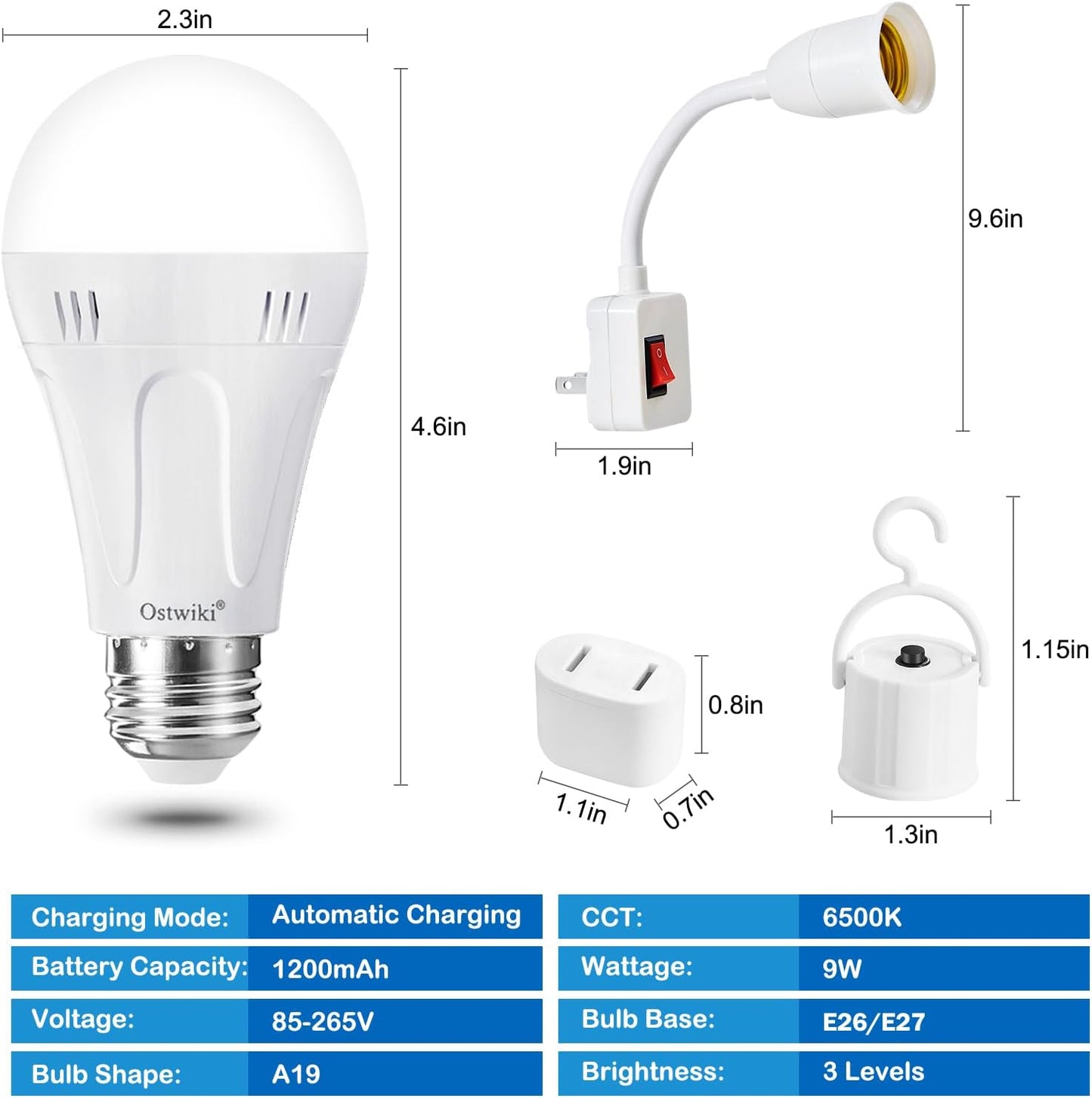 Bombillas recargables A19 E26 9W 6500K pack 2 luz suave emergencia