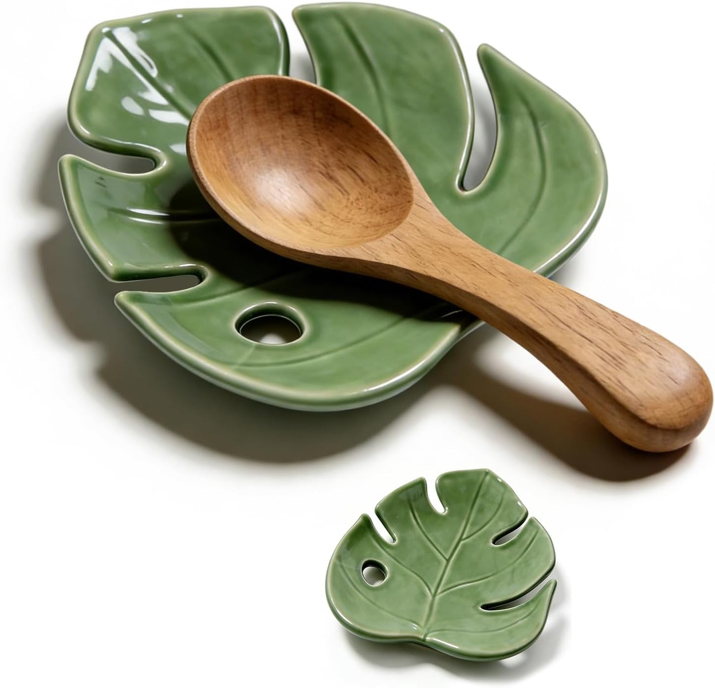 Soporte de cuchara de cerámica para encimera en forma de hoja
