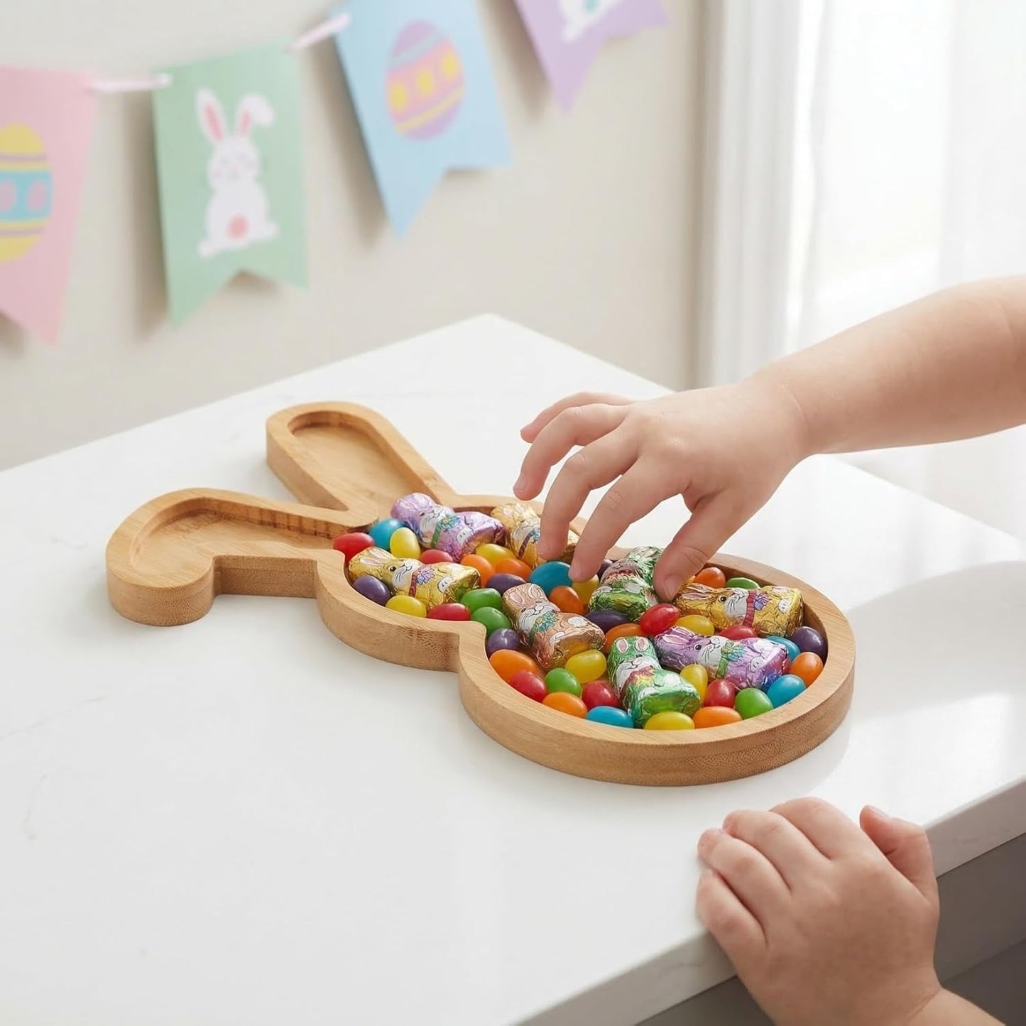 Plato de conejo de Pascua de bambú 11 pulgadas para dulces y frutas