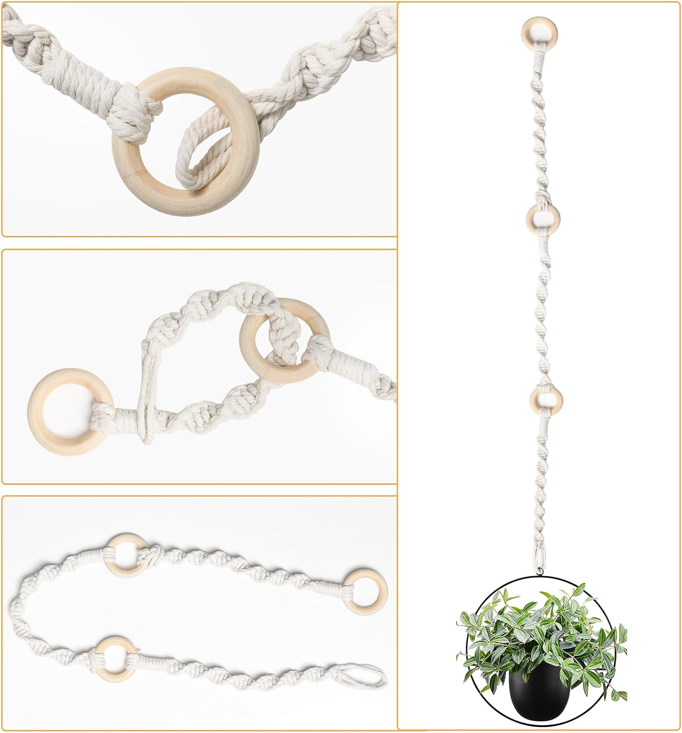 3 Unids Extensor Macramé para Plantas Colgantes con Anillo Madera