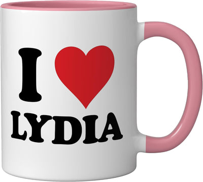 Taza de cerámica personalizada con nombre Lydia en rosa y blanco