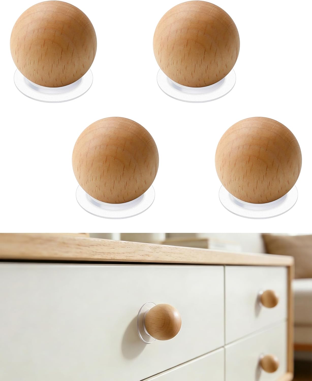 4 Pzas Tiradores Madera Natural Bola Redonda Autoadhesivas