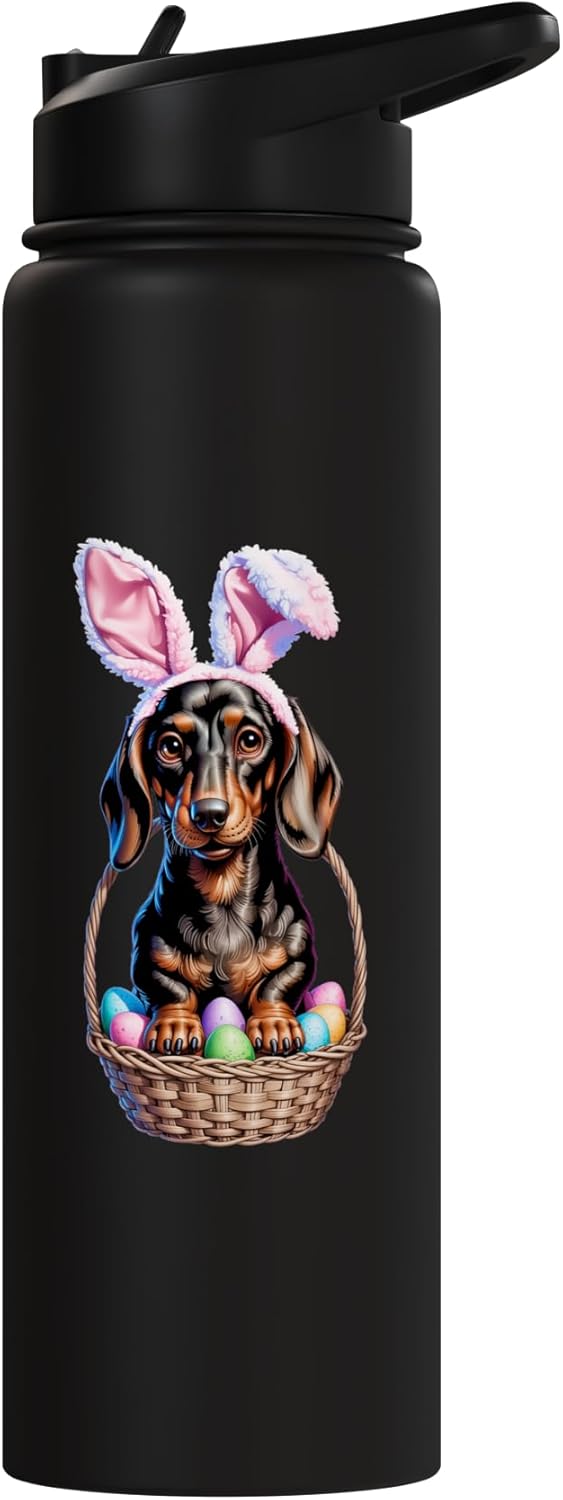 Bolsa de pascua para perro dachshund con botella de agua acero inoxidable aislada