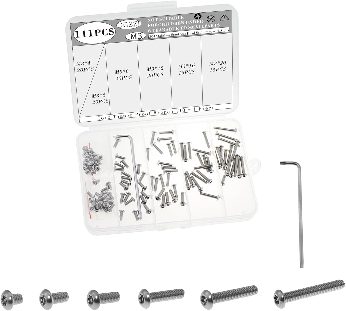 Set 111 Pzas tornillo acero inox T10 M3x4-20