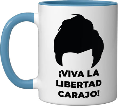 Peluca de Javier Milei en taza de cerámica azul y blanco