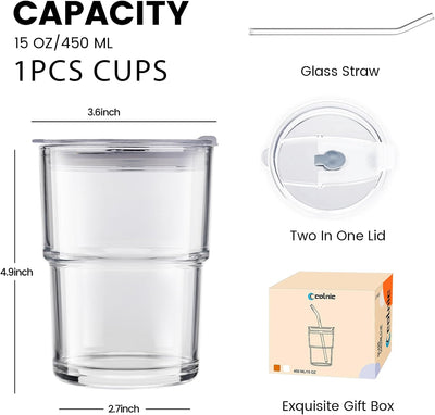 Vasos de vidrio con tapas y popotes para café helado y matcha, 13.5 oz