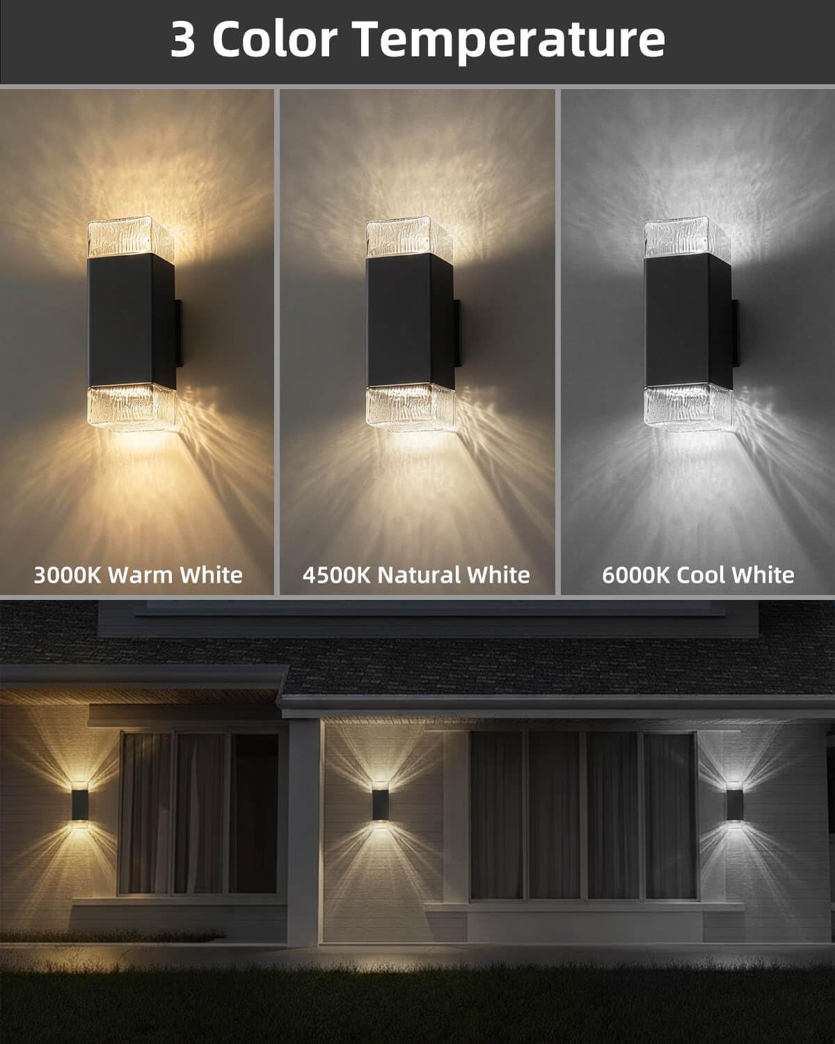 Lámpara pared exterior ajustable 3CCT luces negras impermeables