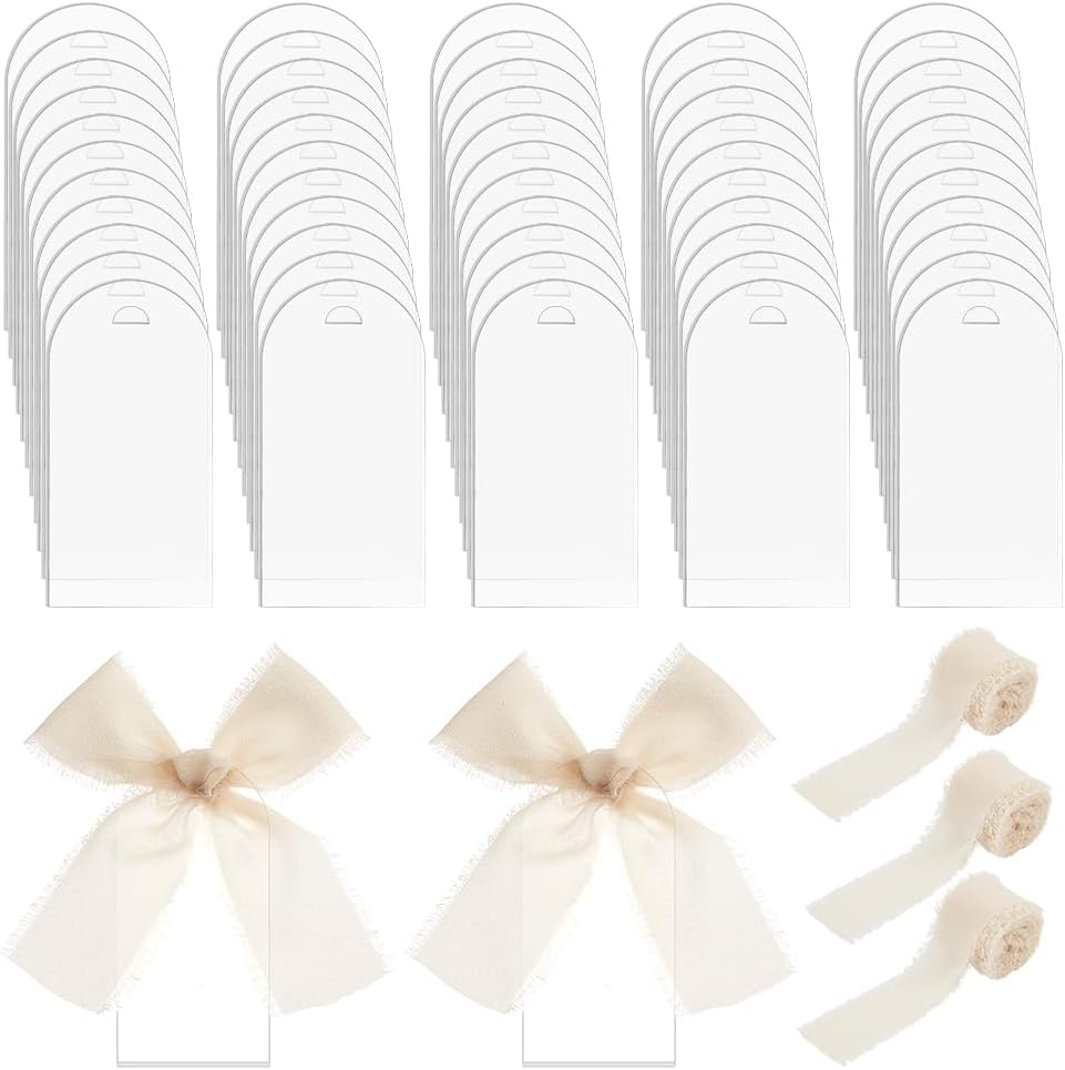 Tarjetas de nombre PandaHall de acrílico para mesa con ribbons blancos