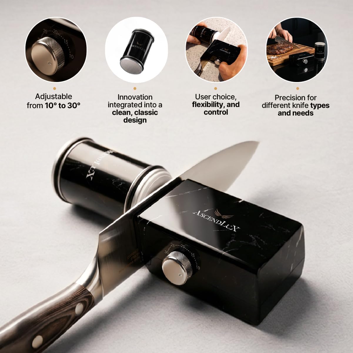 Kit afilador cuchillos rodantes con ángulo ajustable 10-30° y trampa de cuero