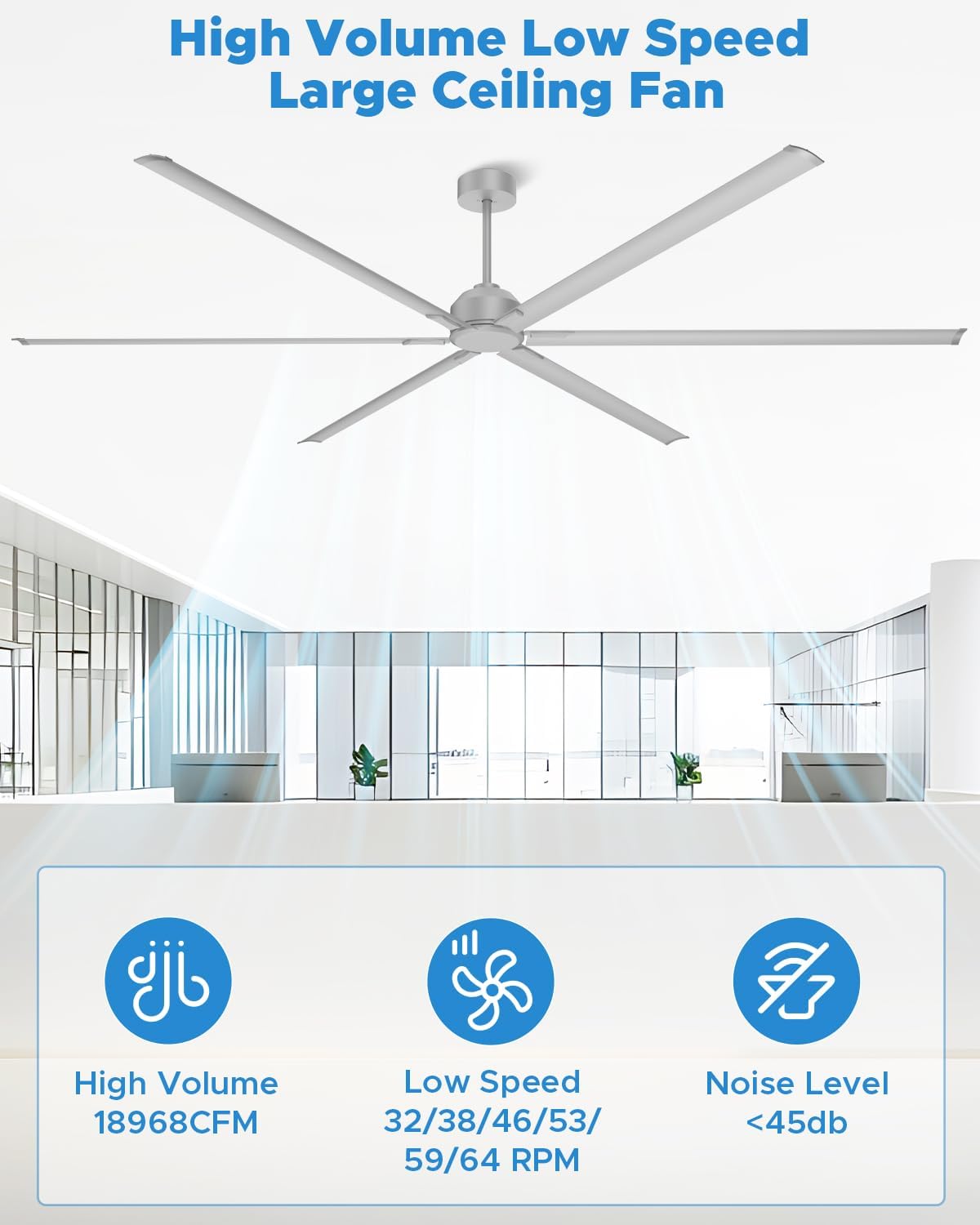 Ventilador techo HVLS 120pulg aluminio motor CC control remoto