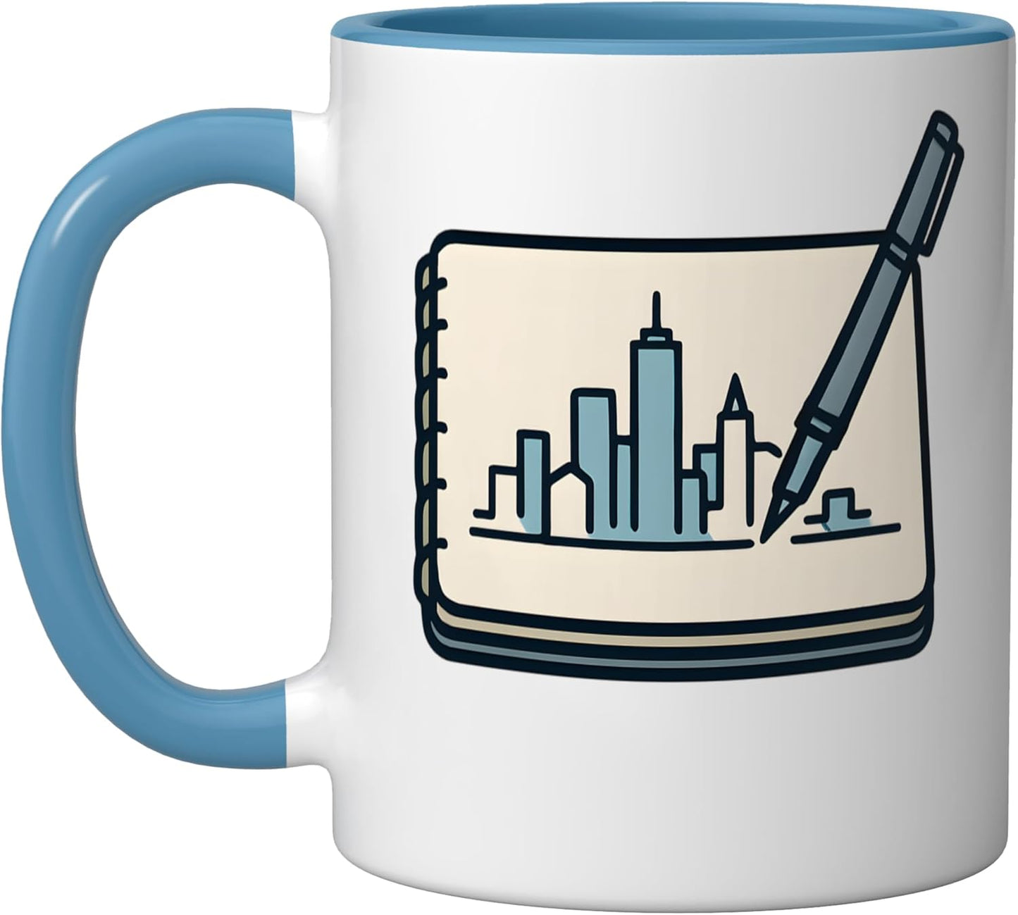 Taza Cerámica Dibujo Ciudad Azul Blanco